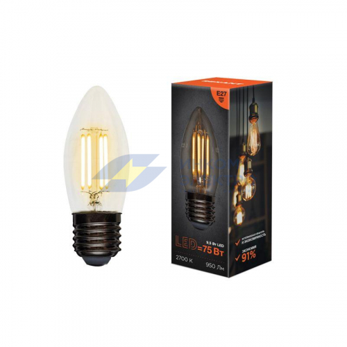 Лампа филаментная Свеча CN35 9.5Вт 950лм 2700К E27 прозр. колба Rexant 604-093 фото 2