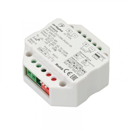 Диммер SMART-D12-DIM-PUSH-VR (12-48В 1х6А 2.4G) (IP20 пластик) Arlight 028290 Диммер SMART-D12-DIM-PUSH-VR (12-48В 1х6А 2.4G) (IP20 пластик) Arlight 028290