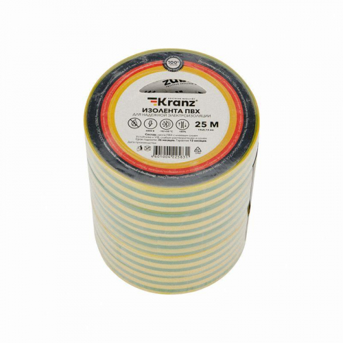 Изолента ПВХ 0.13х19мм 25м желт./зел. (уп.5шт) Kranz KR-09-2207 фото 5