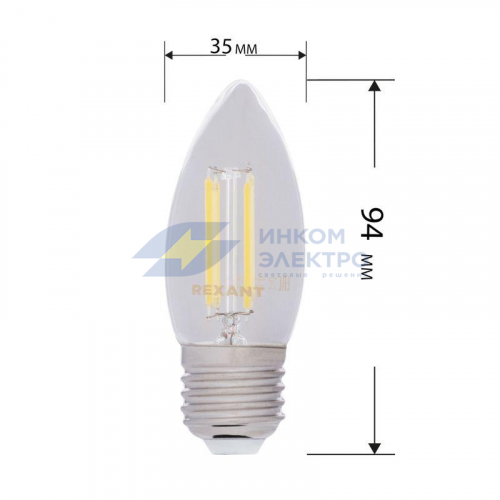 Лампа светодиодная филаментная 9.5Вт CN35 свеча прозрачная 4000К нейтр. бел. E27 950лм Rexant 604-094 фото 2