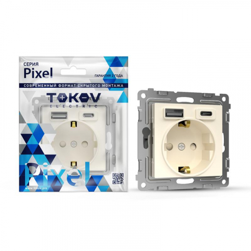 Розетка 1-м СП Pixel IP20 с заземл. с 2-мя заряд. устр. USB тип A+C механизм беж. TOKOV ELECTRIC TKE-PX-R1U2AC-C02 Розетка 1-м СП Pixel IP20 с заземл. с 2-мя заряд. устр. USB тип A+C механизм беж. TOKOV ELECTRIC TKE-PX-R1U2AC-C02