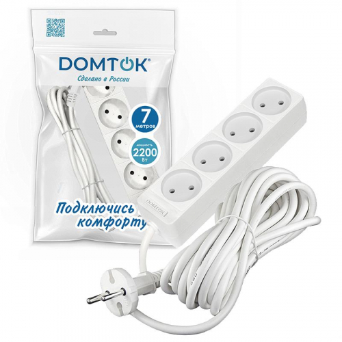 Удлинитель 4х7м без заземл. 10А IP20 2.2кВт ПВС 2х1 бел. DOMTOK 2358 фото 2