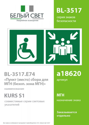 Знак безопасности BL-3517.E74"Пункт (место) сбора для МГН (безоп. зона МГН)" Белый свет a18620 фото 2