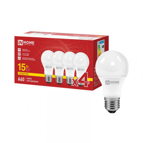 Лампа светодиодная LED-A60-VC 4PACK 15Вт грушевидная 3000К E27 1430лм 230В (уп.4шт) IN HOME 4690612063041 Лампа светодиодная LED-A60-VC 4PACK 15Вт грушевидная 3000К E27 1430лм 230В (уп.4шт) IN HOME 4690612063041