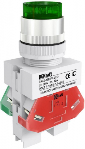 Выключатель кнопочный LED ABFP ВК-22 d22мм 220В с фиксацией зел. DEKraft 25135DEK Выключатель кнопочный LED ABFP ВК-22 d22мм 220В с фиксацией зел. DEKraft 25135DEK