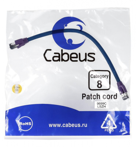 Патч-корд S/FTP кат.8 PC-SSTP-RJ45-Cat.8-0.3m-LSZH 2xRJ45/8p8c экранир. LSZH (40G 2000 MHz) 0.3м син. Cabeus 9699c Патч-корд S/FTP кат.8 PC-SSTP-RJ45-Cat.8-0.3m-LSZH 2xRJ45/8p8c экранир. LSZH (40G 2000 MHz) 0.3м син. Cabeus 9699c