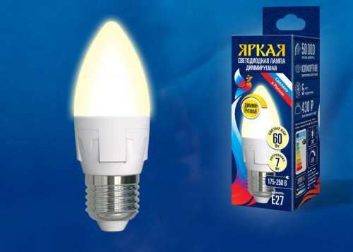 Лампа светодиодная LED-C37 7W/3000K/E27/FR/DIM PLP01WH Яркая 7Вт свеча матовая 3000К тепл. бел. E27 диммир. (упак. картон) Uniel UL-00004297 Лампа светодиодная LED-C37 7W/3000K/E27/FR/DIM PLP01WH Яркая 7Вт свеча матовая 3000К тепл. бел. E27 диммир. (упак. картон) Uniel UL-00004297