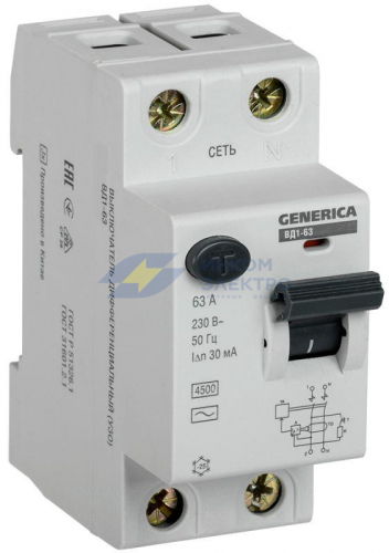 Выключатель дифференциального тока (УЗО) 2п 63А 30мА тип AC ВД1-63 GENERICA IEK MDV15-2-063-030