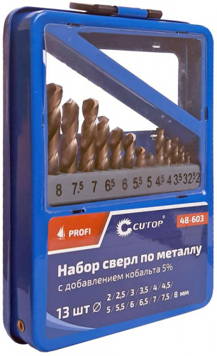 Набор сверл по металлу ПРОФИ/Profi 2-8мм (через 0.5мм) с кобальтом 5% в метал. коробке (13 предметов) Cutop 48-603 фото 2 Набор сверл по металлу ПРОФИ/Profi 2-8мм (через 0.5мм) с кобальтом 5% в метал. коробке (13 предметов) Cutop 48-603 фото 2