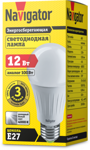 Лампа светодиодная 61 627 NLL-A60-12-230-4K-E27-3STEPDIMM 12Вт грушевидная матовая 4000К нейтр. бел. E27 1150лм 176-264В Navigator 61627 фото 2