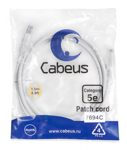 Патч-корд U/UTP кат.5E PC-UTP-RJ45-Cat.5e-1.5m-WH 2xRJ45/8p8c неэкранир. PVC 1.5м бел. Cabeus 7694c Патч-корд U/UTP кат.5E PC-UTP-RJ45-Cat.5e-1.5m-WH 2xRJ45/8p8c неэкранир. PVC 1.5м бел. Cabeus 7694c