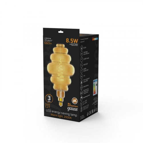 Лампа светодиодная филаментная Black Filament 8.5Вт Honeycomb золотая 2000К тепл. бел. E27 660лм GAUSS 161802105 фото 5