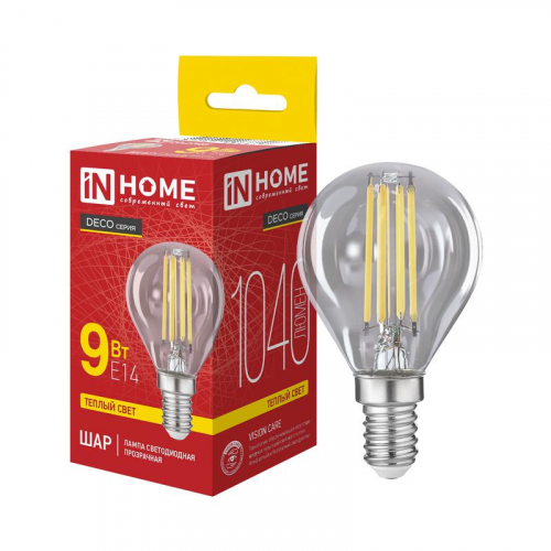 Лампа светодиодная LED-ШАР-deco 9Вт шар прозрачная 3000К E14 1040лм 230В IN HOME 4690612063317 Лампа светодиодная LED-ШАР-deco 9Вт шар прозрачная 3000К E14 1040лм 230В IN HOME 4690612063317