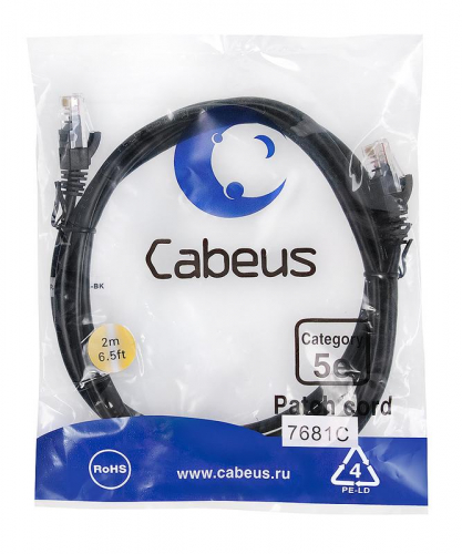 Патч-корд U/UTP кат.5E PC-UTP-RJ45-Cat.5e-2m-BK 2xRJ45/8p8c неэкранир. PVC 2м черн. Cabeus 7681c