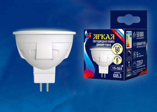 Лампа светодиодная LED-JCDR 6W/WW/GU5.3/FR/DIM PLP01WH Яркая JCDR 6Вт матовая 3000К тепл. бел. GU5.3 диммир. (упак. картон) Uniel UL-00003991