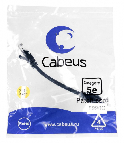 Патч-корд U/UTP кат.5E PC-UTP-RJ45-Cat.5e-0.15m-BK 2xRJ45/8p8c неэкранир. PVC 0.15м черн. Cabeus 8990c Патч-корд U/UTP кат.5E PC-UTP-RJ45-Cat.5e-0.15m-BK 2xRJ45/8p8c неэкранир. PVC 0.15м черн. Cabeus 8990c