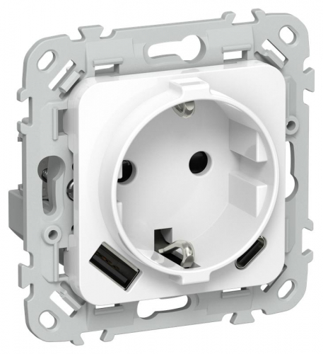 Розетка 1-м СП FLITE РСЮшс11-1-ФлБ 16А с USB A+C 20Вт с заземл. с защ. шторками безвинтовое крепление механизм бел. IEK FI-R14-16-1-U22-020-K01