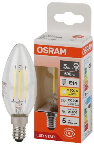 Лампа светодиодная филаментная LSCLB60 5W/827 230VFILCL 5Вт 2700К тепл. бел. E14 600лм B угол пучка 300град. 220-240В (замена 60Вт) прозр. стекло OSRAM 4058075684577