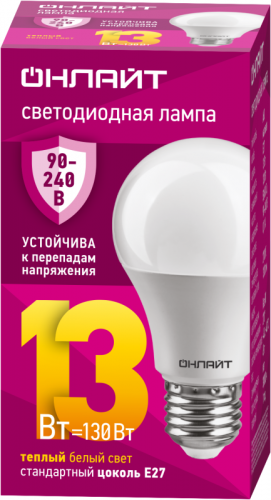 Лампа светодиодная 90 532 OLL-A60-13-230-2.7К-E27 13Вт грушевидная 2700К E27 90-240В PRO ОНЛАЙТ 90532 Лампа светодиодная 90 532 OLL-A60-13-230-2.7К-E27 13Вт грушевидная 2700К E27 90-240В PRO ОНЛАЙТ 90532