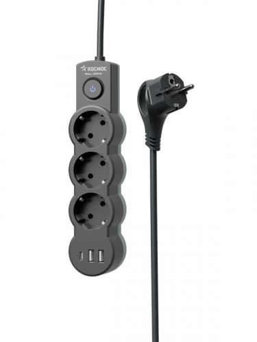 Удлинитель 3х1.5м с заземл. 10А IP20 USB 2800Вт 220В ПВС 3х1 с выкл. черн. КОСМОС YKsm1.5m3g-Z-VU10А-B фото 4