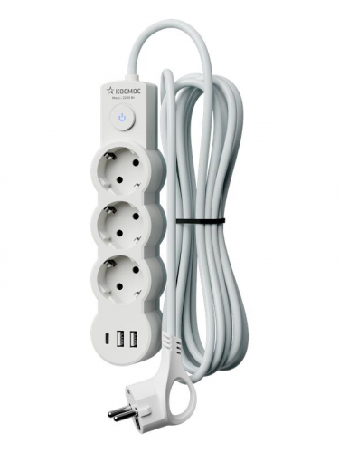 Удлинитель 3х1.5м с заземл. 10А IP20 USB 2800Вт 220В ПВС 3х1 с выкл. бел. КОСМОС YKsm1.5m3g-Z-VU10А-W фото 3