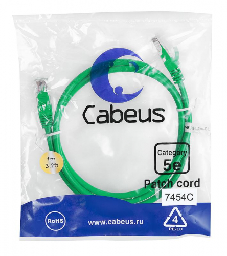Патч-корд U/UTP кат.5E PC-UTP-RJ45-Cat.5e-1m-GN 2xRJ45/8p8c неэкранир. PVC 1м зел. Cabeus 7454c Патч-корд U/UTP кат.5E PC-UTP-RJ45-Cat.5e-1m-GN 2xRJ45/8p8c неэкранир. PVC 1м зел. Cabeus 7454c