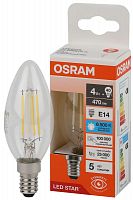 Лампа светодиодная филаментная LS CLB40 4W/865 230VFILCL 4Вт 6500К холод. бел. E14 470лм B угол пучка 300град. 220-240В (замена 40Вт) прозр. стекло OSRAM 4058075687943
