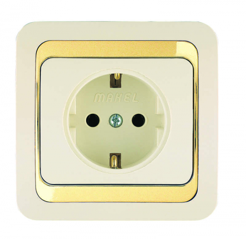 Розетка 1-м СП Mimoza 16А IP20 с заземл. крем./зол. Makel 12628 Розетка 1-м СП Mimoza 16А IP20 с заземл. крем./зол. Makel 12628