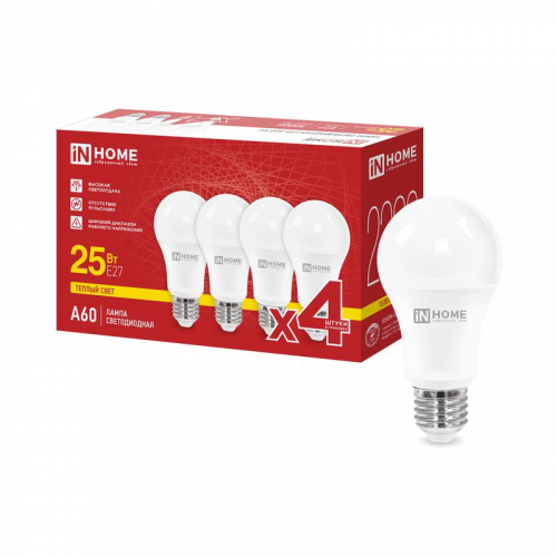 Лампа светодиодная LED-A60-VC 4PACK 25Вт грушевидная 3000К E27 2380лм 230В (уп.4шт) IN HOME 4690612063065