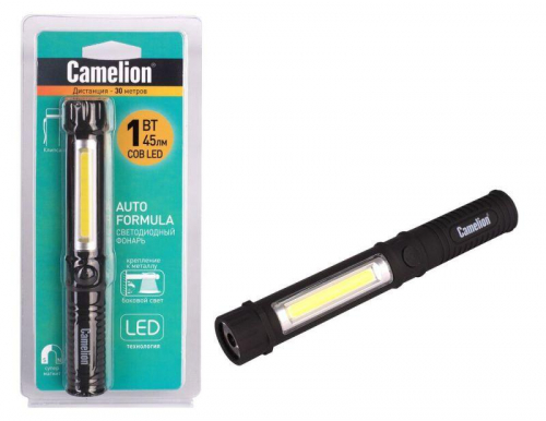 Фонарь-ручка LED51521 COB LED + 1Вт LED 3хR03 магнит клипса пластик. черн. (блист.) Camelion 13361