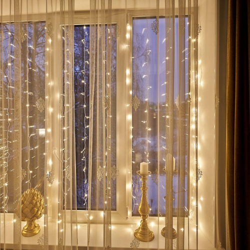 Гирлянда светодиодная "Светодиодный Дождь" 2х2.5м 300LED тепл. бел. 18Вт 230В IP20 свечение с динамикой провод прозр. Neon-Night 235-056 фото 3