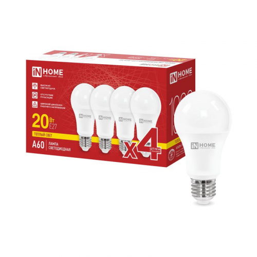 Лампа светодиодная LED-A60-VC 4PACK 20Вт грушевидная 3000К E27 1900лм 230В (уп.4шт) IN HOME 4690612063058 Лампа светодиодная LED-A60-VC 4PACK 20Вт грушевидная 3000К E27 1900лм 230В (уп.4шт) IN HOME 4690612063058