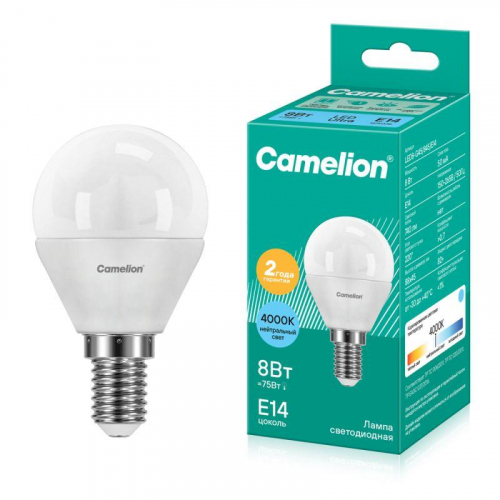 Лампа светодиодная LED8-G45/845/E14 8Вт шар 4500К бел. E14 750лм 170-265В Camelion 12393 Лампа светодиодная LED8-G45/845/E14 8Вт шар 4500К бел. E14 750лм 170-265В Camelion 12393