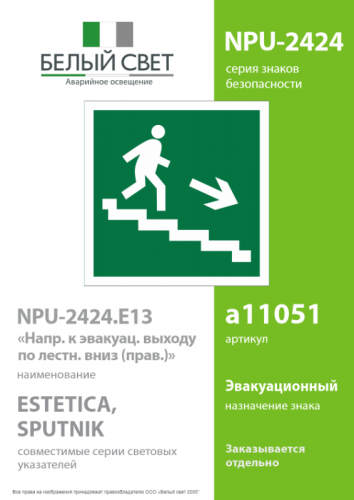 Знак безопасности NPU-2424.E13 "Напр. к эвакуац. выходу по лестн. вниз (прав.)" Белый свет a11051 фото 2 Знак безопасности NPU-2424.E13 "Напр. к эвакуац. выходу по лестн. вниз (прав.)" Белый свет a11051 фото 2
