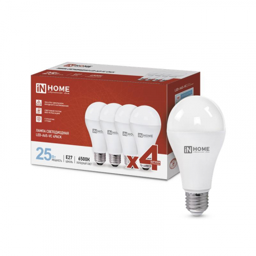 Лампа светодиодная LED-A65-VC 25Вт 6500К холод. бел. E27 2380лм 230В (уп.4шт) IN HOME 4690612052533 Лампа светодиодная LED-A65-VC 25Вт 6500К холод. бел. E27 2380лм 230В (уп.4шт) IN HOME 4690612052533