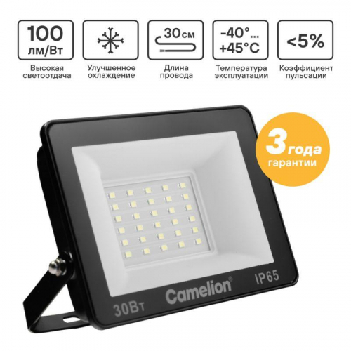 Прожектор светодиодный LFL-3004 C02 LED SMD 30Вт IP65 6500К 3000лм 230В 131х118х30 черн. Camelion 16331 Прожектор светодиодный LFL-3004 C02 LED SMD 30Вт IP65 6500К 3000лм 230В 131х118х30 черн. Camelion 16331