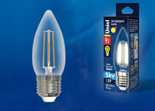 Лампа светодиодная LED-C35-9W/3000K/E27/CL PLS02WH Sky прозр. картон Uniel UL-00005162 Лампа светодиодная LED-C35-9W/3000K/E27/CL PLS02WH Sky прозр. картон Uniel UL-00005162