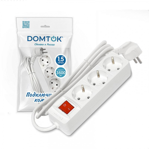 Удлинитель 3х1.5м с заземл. 16А IP20 3.5кВт ПВС 3х1 с выкл. бел. DOMTOK 2379 фото 2