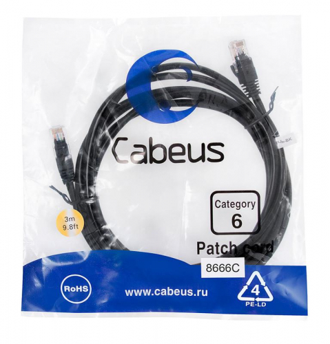 Патч-корд U/UTP кат.6 PC-UTP-RJ45-Cat.6-3m-BK 2xRJ45/8p8c неэкранир. PVC 3м черн. Cabeus 8666c