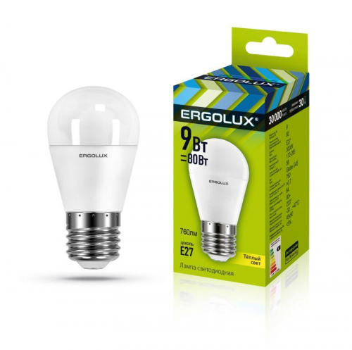 Лампа светодиодная LED-G45-9W-E27-3К Шар 9Вт E27 3000К 172-265В Ergolux 13176 Лампа светодиодная LED-G45-9W-E27-3К Шар 9Вт E27 3000К 172-265В Ergolux 13176