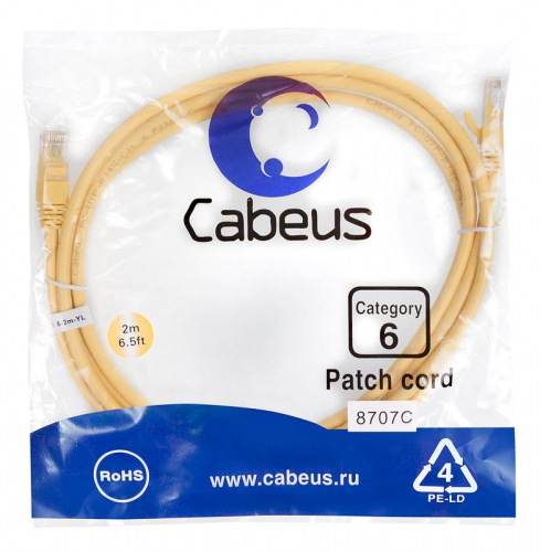 Патч-корд U/UTP кат.6 PC-UTP-RJ45-Cat.6-2m-YL 2xRJ45/8p8c неэкранир. PVC 2м желт. Cabeus 8707c Патч-корд U/UTP кат.6 PC-UTP-RJ45-Cat.6-2m-YL 2xRJ45/8p8c неэкранир. PVC 2м желт. Cabeus 8707c