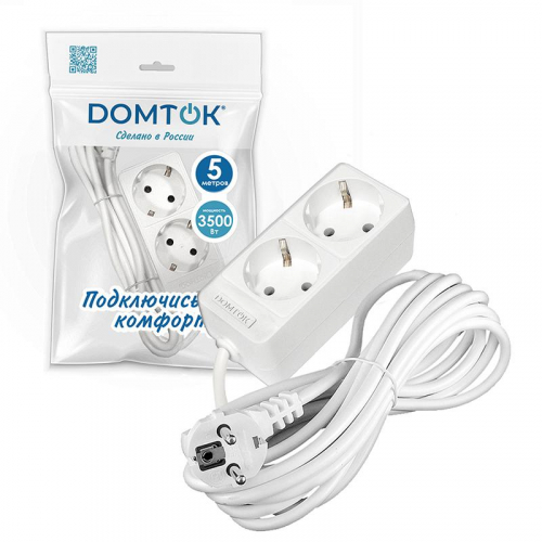 Удлинитель 2х5м с заземл. 16А IP20 3.5кВт ПВС 3х1 бел. DOMTOK 2387 фото 2