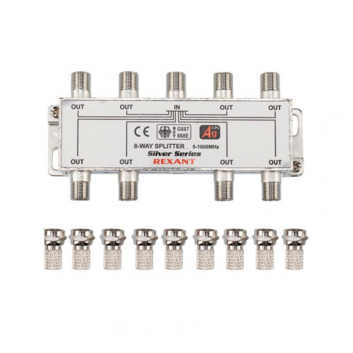 Делитель ТВх8 + 9шт F 5-1000 МГц (Silver) box (уп.5шт) Rexant 05-6105 фото 4 Делитель ТВх8 + 9шт F 5-1000 МГц (Silver) box (уп.5шт) Rexant 05-6105 фото 4