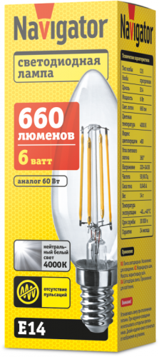 Лампа светодиодная 61 356 NLL-F-C35-6-230-4K-E14 6Вт свеча прозрачная 4000К нейтр. бел. E14 660лм 220-240В Navigator 61356 фото 2