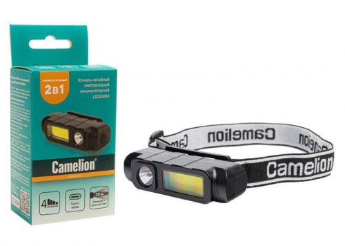 Фонарь налобный LED53414 аккум. 3.7В XPE+COB 3Вт 4 реж. Type-C бокс черн. Camelion 15766