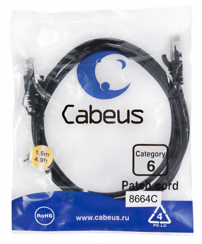 Патч-корд U/UTP кат.6 PC-UTP-RJ45-Cat.6-1.5m-BK 2xRJ45/8p8c неэкранир. PVC 1.5м черн. Cabeus 8664c Патч-корд U/UTP кат.6 PC-UTP-RJ45-Cat.6-1.5m-BK 2xRJ45/8p8c неэкранир. PVC 1.5м черн. Cabeus 8664c