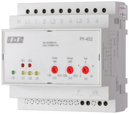 Переключатель фаз PF-452 (два выхода для питания нагрузки; с регулируемыми верхними (230-260) и нижними (150-210) значениями напряжения переключения; монтаж на DIN-рейке 35мм 3х400/230+N 6х16A IP20) F&F EA04.005.004 Переключатель фаз PF-452 (два выхода для питания нагрузки; с регулируемыми верхними (230-260) и нижними (150-210) значениями напряжения переключения; монтаж на DIN-рейке 35мм 3х400/230+N 6х16A IP20) F&F EA04.005.004