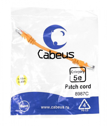 Патч-корд U/UTP кат.5E PC-UTP-RJ45-Cat.5e-0.15m-OR 2xRJ45/8p8c неэкранир. PVC 0.15м оранж. Cabeus 8987c Патч-корд U/UTP кат.5E PC-UTP-RJ45-Cat.5e-0.15m-OR 2xRJ45/8p8c неэкранир. PVC 0.15м оранж. Cabeus 8987c