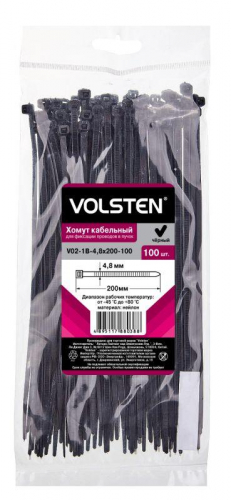 Хомут V02-1B-4.8х200-100 4.8х200 нейл. черн. (уп.100шт) Volsten 12963 Хомут V02-1B-4.8х200-100 4.8х200 нейл. черн. (уп.100шт) Volsten 12963
