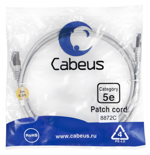 Патч-корд F/UTP кат.5E PC-FTP-RJ45-Cat.5e-2m-LSZH 2xRJ45/8p8c экранир. LSZH 2м сер. Cabeus 8872c